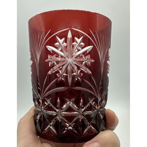 2 Bohemian AJKA Crystal Ruby Red Etched Glasses Snowflake Winter Holiday RARE - Picture 13 of 13